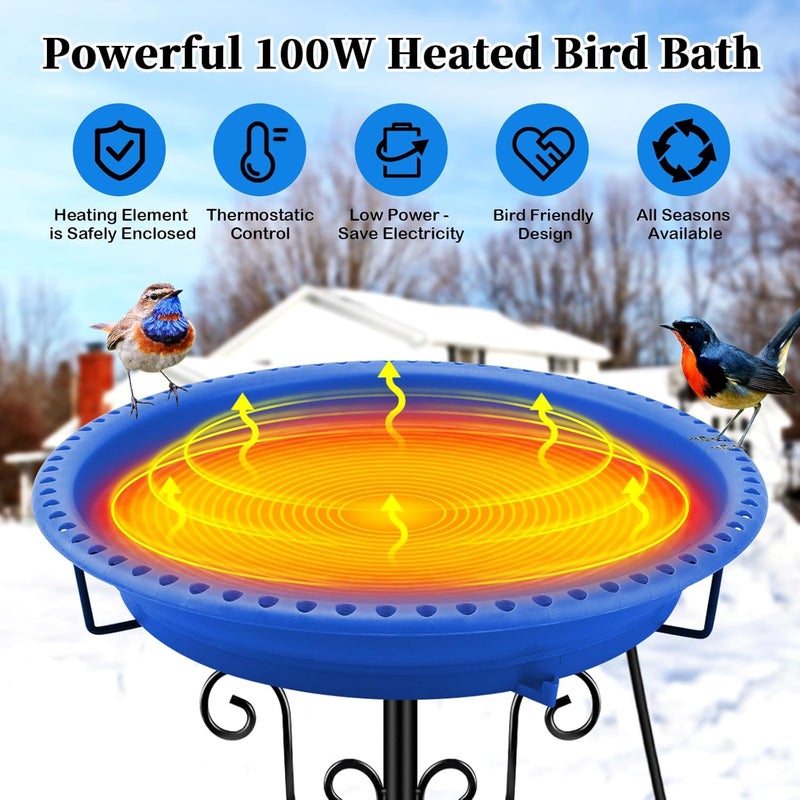 Lovppy Heated Bird Baths for Outdoors for Winter, 100W Heated Bird Bath Water Heater with Thermostatically Controlled, Heated Bird Baths Bowl with Metal Stake for Outside Garden Patio Yard (Blue) - Image 2